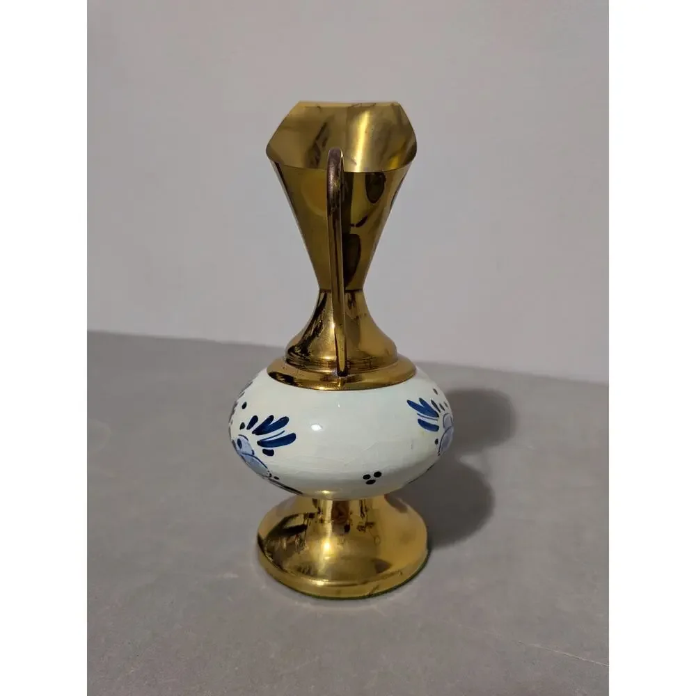 Vintage Blue Floral Delftware Brass Porcelain Pitcher Vase Holland Model # 2285
